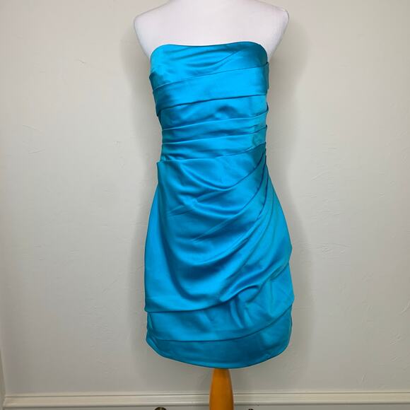 David's Bridal Turquoise Blue Satin Cocktail Dress Ruched Sz 8 - Picture 1 of 9